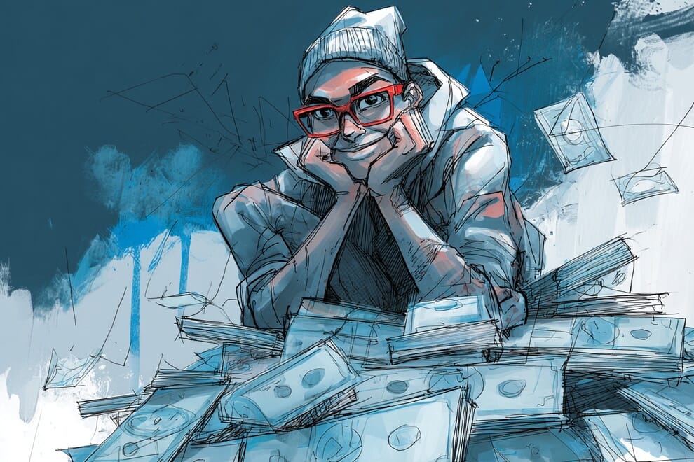 A happy looking web designer sitting on a pile of money