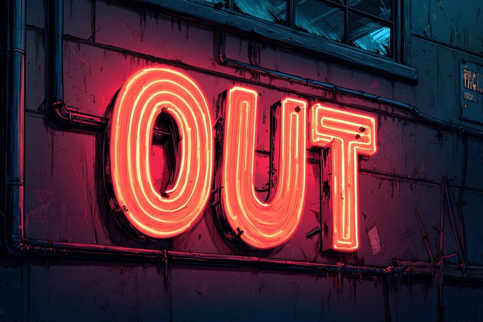 A neon sign reading "Out"