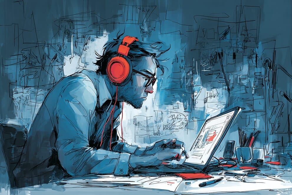 A person listening to a podcast while working.