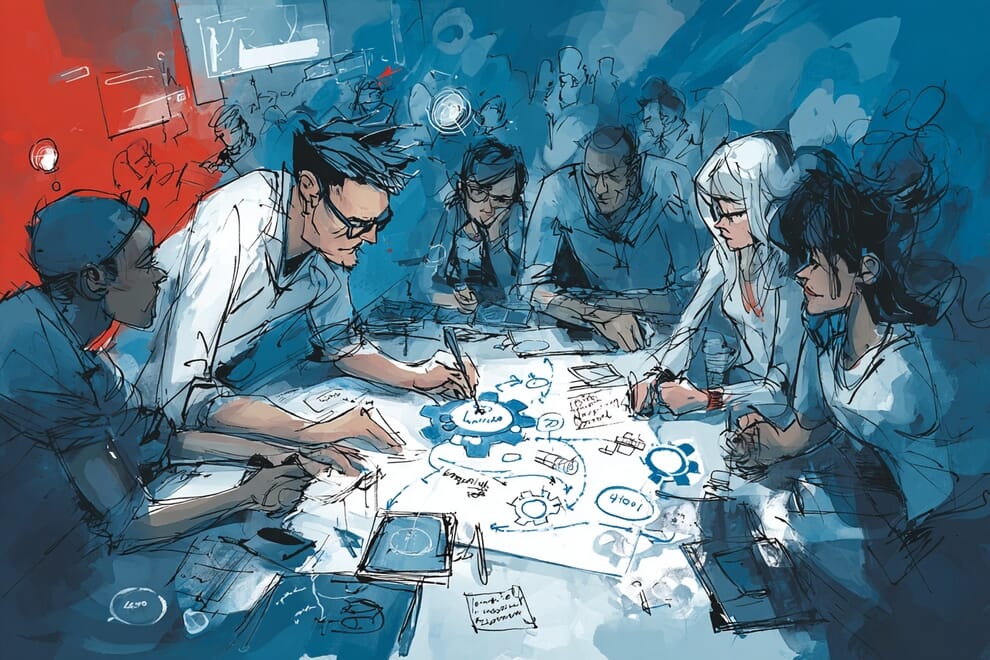 A collaborative team of diverse professionals working together around a shared table
