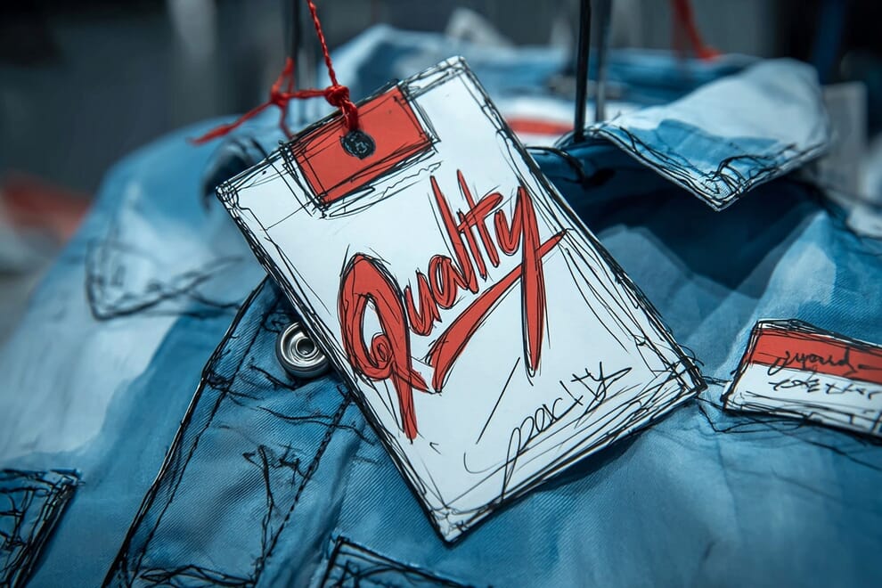 A price tag hanging from a piece of clothing with the word "Quality" written on it.