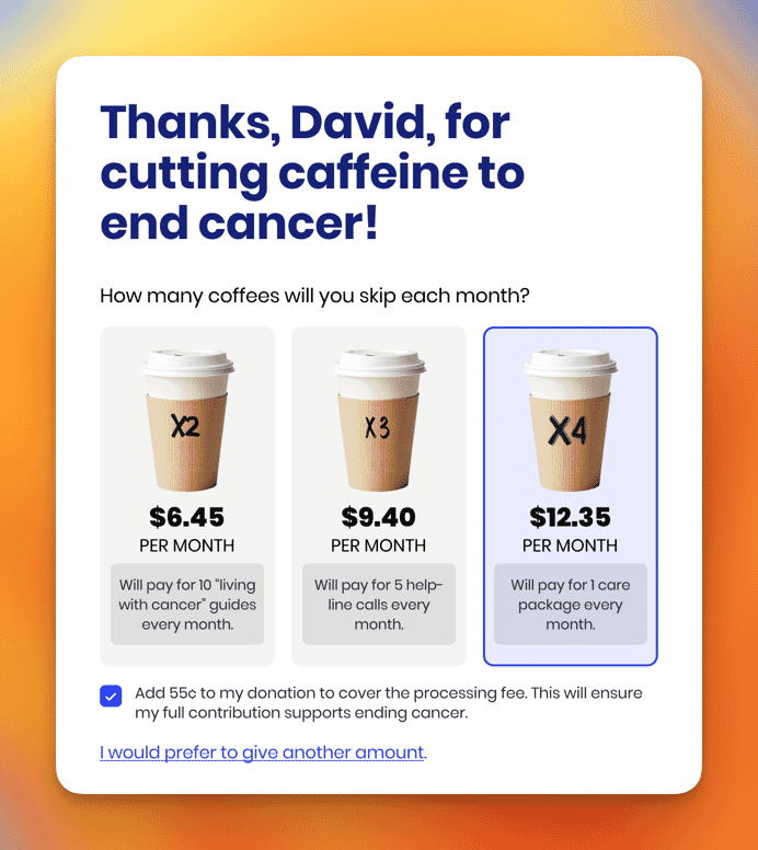 Charity web design example - Donation amounts shown in relationship to giving up coffees.