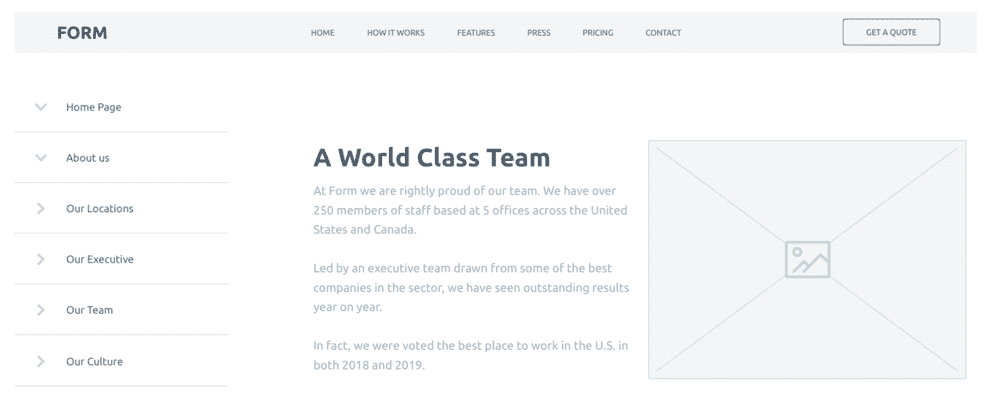 Wireframe showing secondary navigation bar.