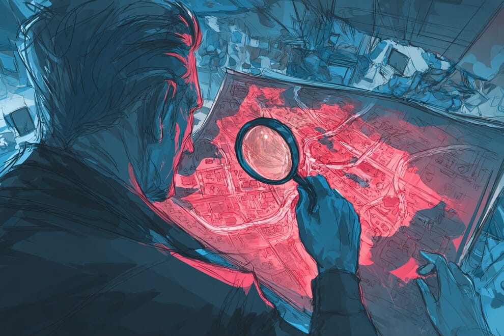 A man peers through a magnifying glass at a detailed map.