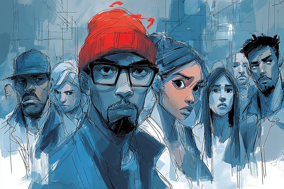 A diverse group of people all look to a man wearing a beanie, glasses and casual clothing.