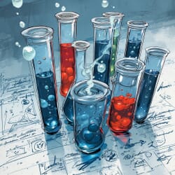 Various testubes and vials filled with bubbling liquid