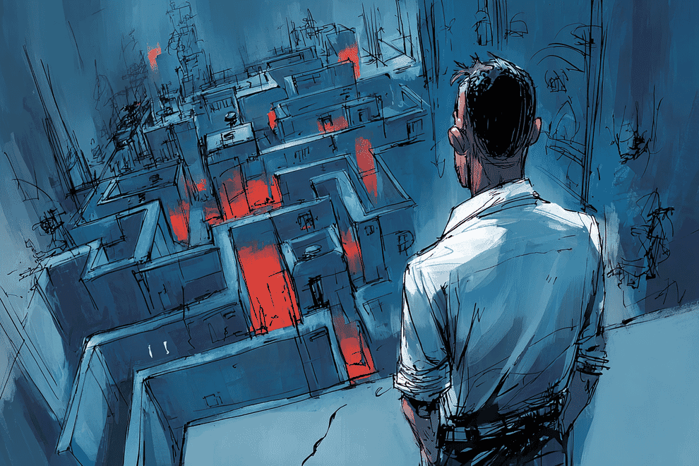 A man looks down on a maze from above 