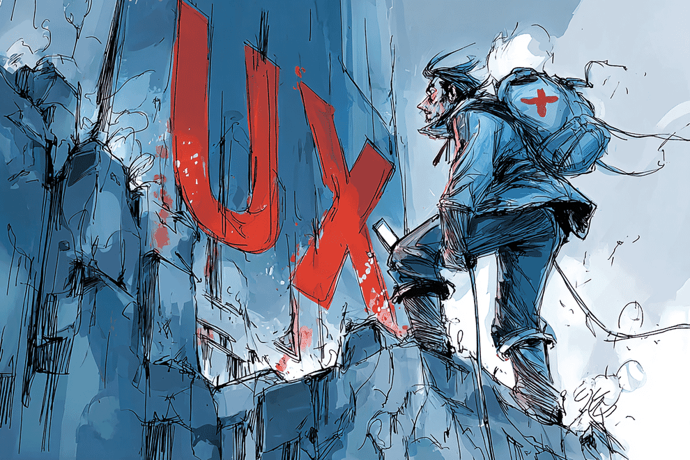 A mountaineer climbs a mountain towards a cliff face with the word "UX" written on it 