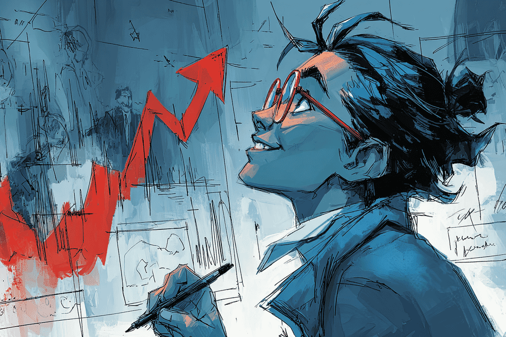 A woman looks at a chart that's trending upwards 
