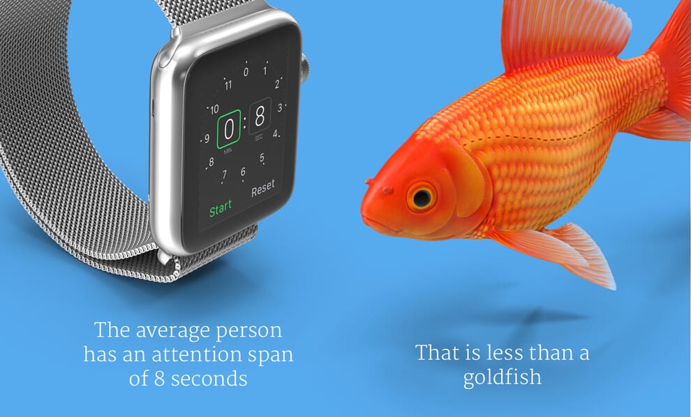 Illustration showing that a person online has less attention than a goldfish.