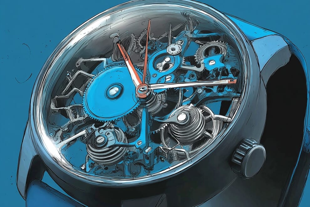 The inside of a watch full of cogs, gears and springs.