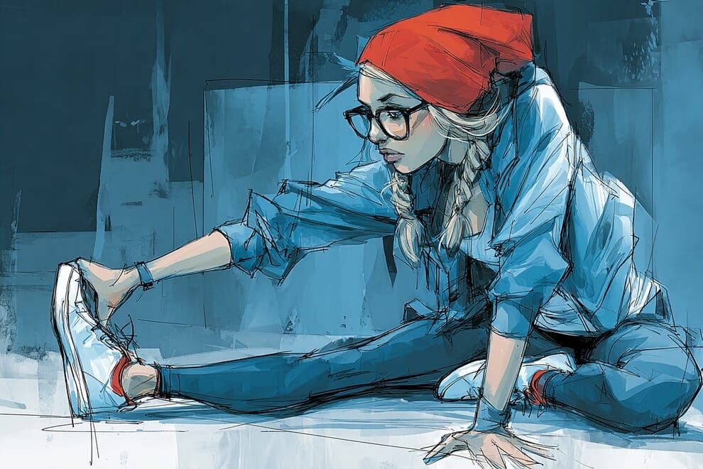 A woman wearing a red beanie, glasses and casual clothes does a Yoga stretch showing her flexibility.