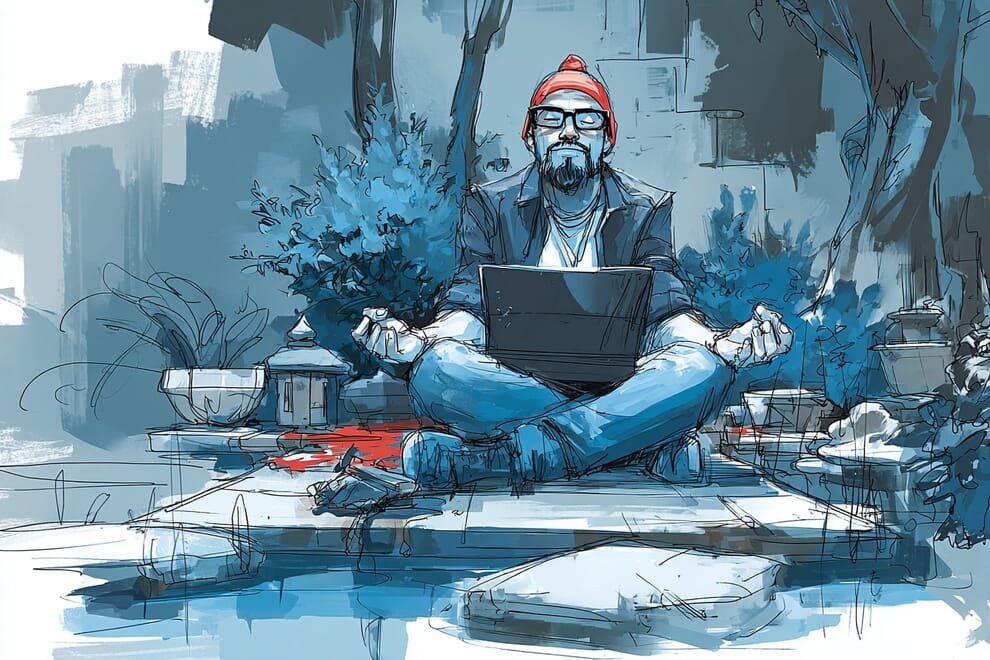 A happy looking web designer sitting meditating.